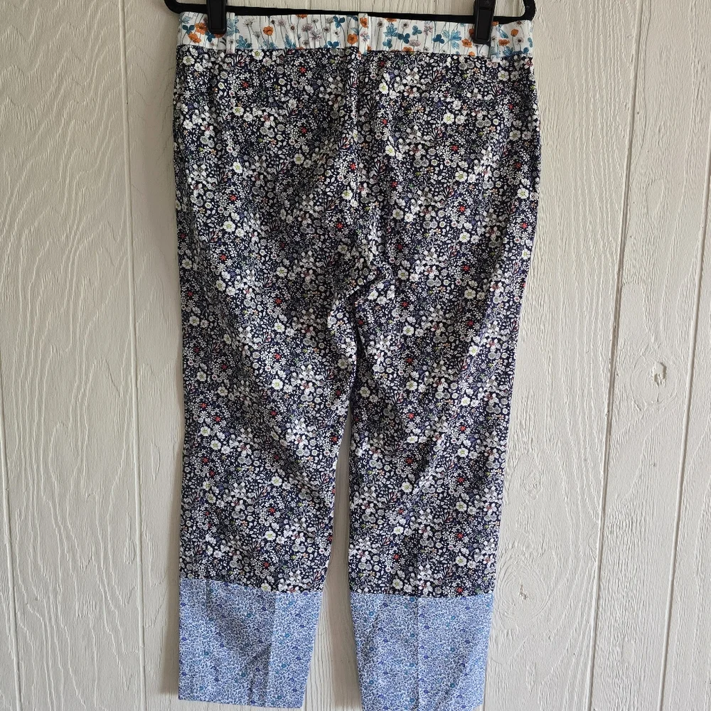 J. Crew Navy Floral Cropped Pants with Light Blue Cuffs